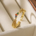 Detailed macro view of gold-plated feather ring with vibrant multicolor zircon stones - Gold Feather with Multi-color Gems(13769)