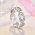 Macro shot of silver adjustable ring featuring geometric links and sparkling zircon stones - Geometric Rectangle Chain Style (J123) / Silver (J123)