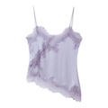 Detail of lavender satin camisole with delicate floral lace trim and uneven hemline - Light Purple