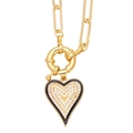 Collier chaîne trombone dorée avec pendentif cœur, bord noir et cristaux pavés - Noir