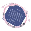 Detail of Morse code bracelet with pink crystal beads on sentimental message gift card - To My Sister