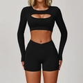 Ensemble de yoga noir pour femme avec haut à manches longues et short croisé - Chemise À Manches Longues 4501 + Short 9177 — Noir Haut De Gamme / S