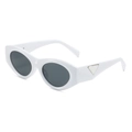 Trendy white oval cat eye sunglasses with grey lenses and silver metal triangle temple - White Frame Dark Grey Lens