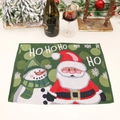 Christmas place mat featuring Santa and Snowman with HO HO HO slogan in green fabric - Style B Green Santa Claus