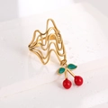 Golden wavy stainless steel ring with vibrant red cherry charms and green leaves - Wavy Line Style (J-20016)