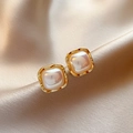 Detail of vintage square gold stud earrings with lustrous pearls on silk fabric - Style 120# S925 Silver Pin Gold Square Pearl Studs