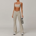 Ensemble fitness beige avec crop top col carré et pantalon de yoga évasé taille en V - S / Haut Et Bas / Pantalon Long / Khaki Clair