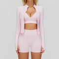 Ensemble de yoga 3 pièces sans couture avec veste à capuche rose clair, débardeur et short - S / Haut Et Bas / Ensemble trois pièces / Rose Sakura