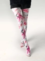 Detail shot of sheer white tights with pink and grey floral watercolor prints on legs - 1822 White Sock Large Mouth Flower