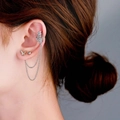 Silver butterfly ear cuff set with rhinestones and layered chains on model - Double Chain Butterfly Silver