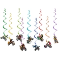 Colorful motorcycle theme birthday party hanging swirls with motocross stunt paper cutouts - Motorcycle Spiral Hanging Decorations (Y-00571-3)