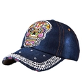 Denim baseball cap with colorful skull embroidery and silver metal studs in street style - Adjustable / Denim Blue