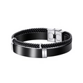 Men's double-layer braided black leather bracelet with stainless steel metal clasp - KZ19 Black (Silicone Material)