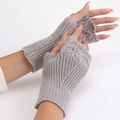 Chic grey knit fingerless gloves for women featuring a soft fish scale textured pattern - Light Gray