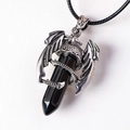 Silver dragon pendant wrapped around a black hexagonal crystal column on leather cord - Obsidian