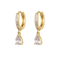 Gold water drop dangle earrings with cubic zirconia inlay on polished metal hoop - Gold Pave Rhinestone Teardrop Hoop (W80037-GG) / 24K