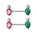 Piercings de téton de Noël avec gemmes poire rouges et vertes sur barres argentées - Feu de circulation