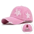 Pink washed cotton ponytail baseball cap with glitter star patch and frayed edges - One Size / Pink