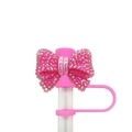 Detailed close-up of a pink silicone straw cover featuring a sparkly rhinestone bow design - Bow Rose Red