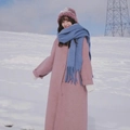 Thick warm cashmere-like blue fringe scarf for women worn with pink coat in winter - Haze Blue