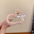 Pink beaded heart claw clip with ribbon bow and rhinestone detail for hair - Pink Heart Bow Claw Clip (61#)