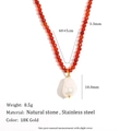 18K vergulde roestvrijstalen ketting met rode natuursteen en barokke parelhanger - Natuursteen Barok Parel Hanger-Goud(N3631)