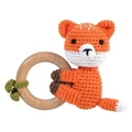 Handmade crochet orange fox rattle toy with natural wooden teething ring for babies - Hug Fox - Orange
