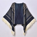 Ethnic navy blue poncho with tribal geometric patterns and soft beige tassel fringe - 130x150cm / Pullover Tassel Shawl Navy Blue