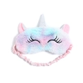Detail of plush unicorn sleeping mask featuring soft macaron gradient faux fur and glitter horn - Rainbow Unicorn