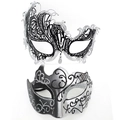 Elegant black cutout masquerade mask with silver glitter and rhinestone accents - Bull Horn Phoenix - Silver Glitter Silver Set