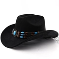 Detail view of black suede cowboy hat with turquoise ethnic beaded band and curved brim - M(56-58cm) / Black