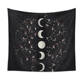 Detail of moon phase wall tapestry with botanical moth patterns on black fabric - Mystery Forest Moon QY045-2