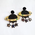 UFO acrylic stud earrings with colorful rhinestones and hanging black stars design - Black Rhinestone Star Moon Style(8A71)