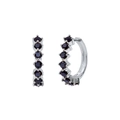 Detail of silver hoop earrings featuring micro-paved dark round zircon gemstones - Silver Metal/Black Zirconia