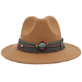 Detail view of ethnic camel fedora hat featuring turquoise gemstone and colorful beads - Camel (Ethnic Decorative Band)