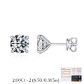 Classic 925 silver 2ct moissanite stud earrings with six-prong setting and GRA certificate - 925 Silver / 2.00Ct Moissanite Stud Earrings