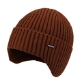 Winter knit earflap hat in caramel brown with vertical ribbed texture and metal tag - Dark Brown