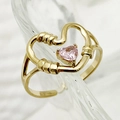 Macro detail of a gold chain ring featuring a radiant pink heart-shaped gemstone - One Size / Pink Heart Gem Style (R0384-02-pink)