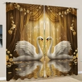 Tende con stampa 3D digitale con due cigni bianchi su sfondo dorato di lusso - L1.5m x A1.66m Paio / Mantovana d'Oro Cigno Bianco