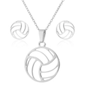 Detailed view of silver volleyball jewelry set with hollow pendant and matching stud earrings - Silver