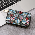 Black Gothic sugar skull and floral pattern PU leather card holder wallet with gold zipper - 129E-Black Traditional Sugar Skull