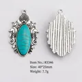 Vintage oval turquoise pendant with silver marine embossed seahorse and starfish motifs - Ocean Seahorse Starfish