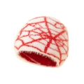 White and red spider web knit beanie with fuzzy texture for winter warmth - Red and White