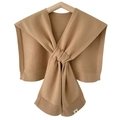 Knitted shawl wrap in camel brown featuring a front knot design and ribbed edges - Milk Tea