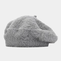 Detail of high-quality grey plush beret hat showing soft faux fur texture and top stalk - Gray