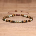 Tiger eye and green natural stone woven bracelet with adjustable cord on wood background - No.90 Green Spot & Tiger Eye