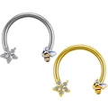 Set di due piercing a ferro di cavallo in acciaio con ciondolo ape e stella di cristallo - #4 Stella CZ Ape (Placcato Argento)