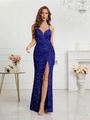 Eng anliegendes dunkelblaues Pailletten-Abendkleid mit dünnen Trägern und hohem Beinschlitz - S (US 2) / Königsblau