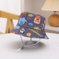 Detail of purple sun hat featuring cartoon animal prints and white adjustable chin strap - Dark Gray Animals