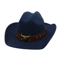 Dark blue western cowboy hat with a brown leather band and vintage bull head metal ornament - Navy Blue